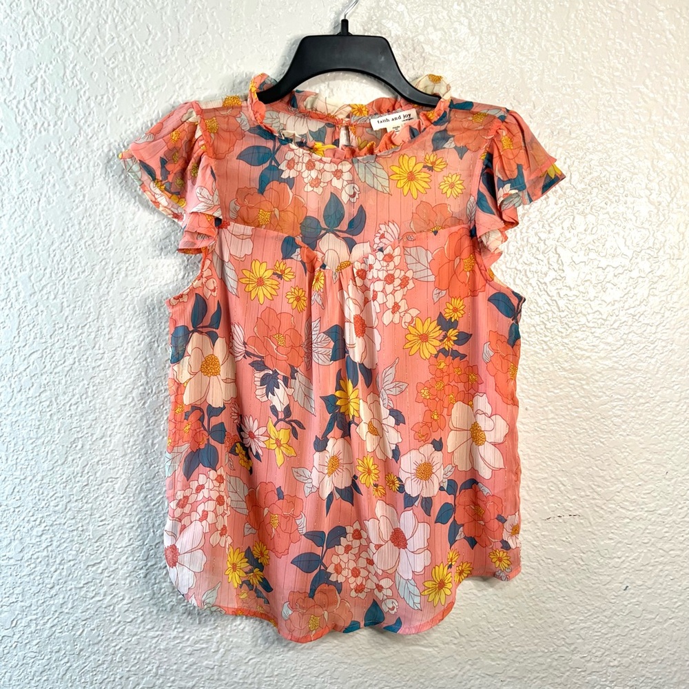 Faith & Joy Floral Blouse Peach Pink Flutter Sleeve Boho Cottagecore Top S